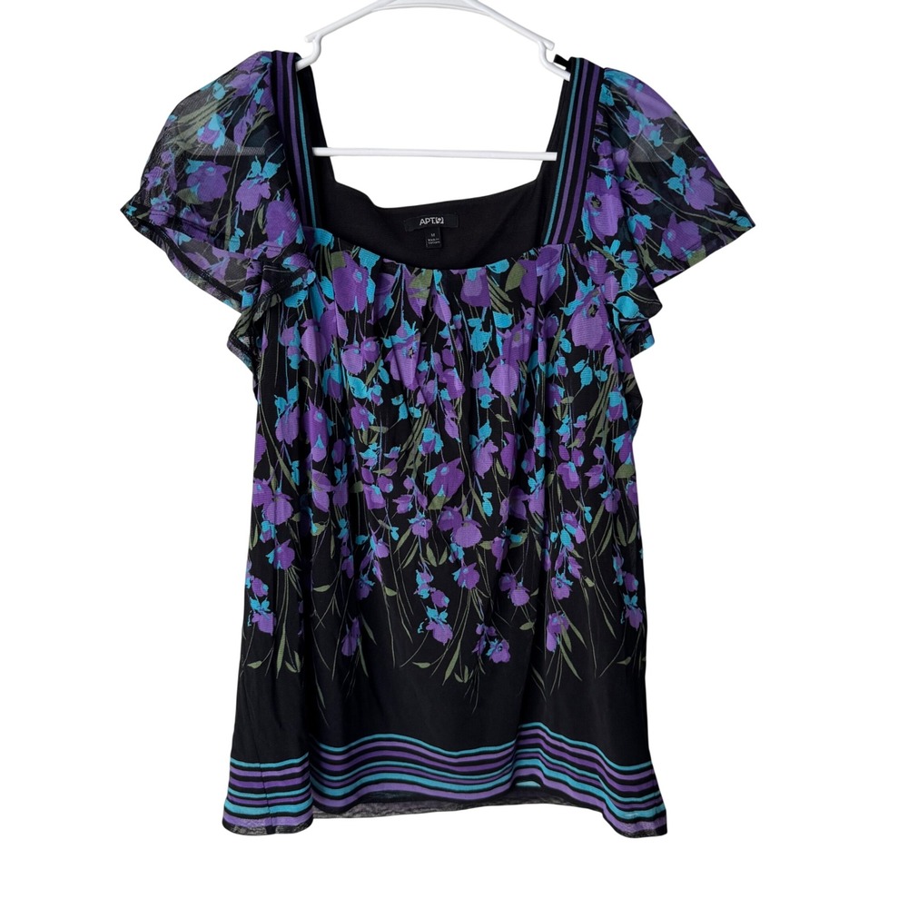 Apt 9 Womens Purple Teal Floral Flutter Sleeve‎ Square Neck Blouse Medium